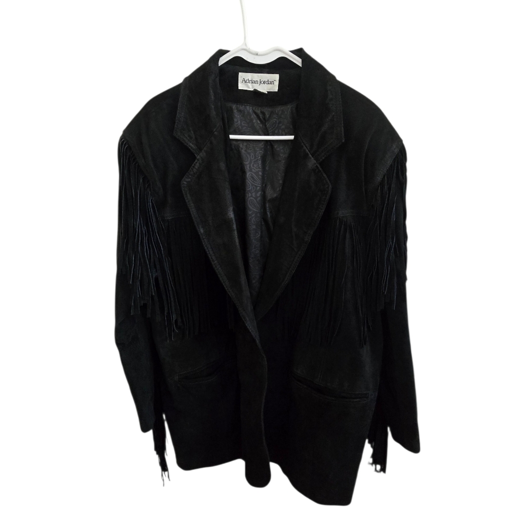 Vintage Adrian Jordan Black Suede Fringe Jacket - Western Boho - Size 14/16 - Picture 2 of 7